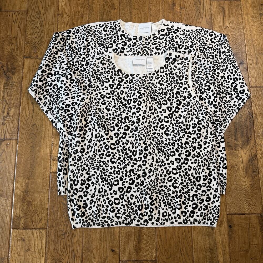 Liz Claiborne Knit Cardigan & Tank Top Set Animal Print Leopard Womens Sz L